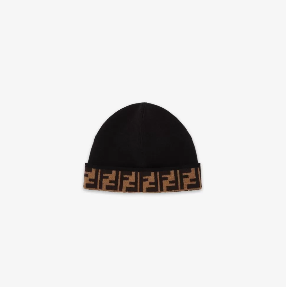 Bonnet Enfant Reversible En Maille Noire Et Tabac | Fendi Shop