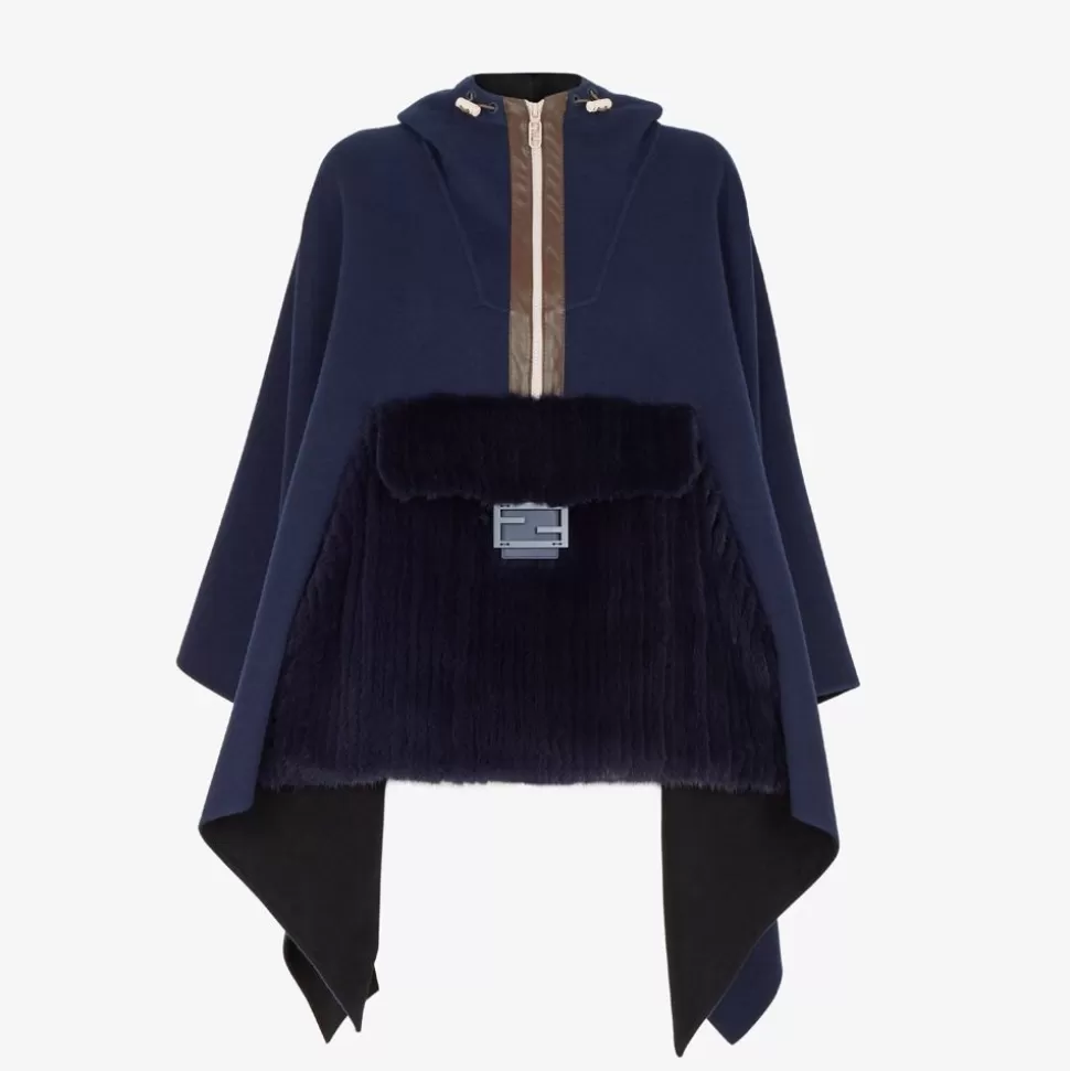 Poncho En Laine Et Vison Bleu | Fendi Cheap