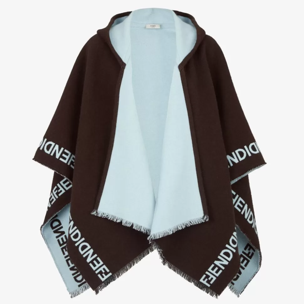 Poncho En Laine Marron Fonce Et Bleu Clair | Fendi New