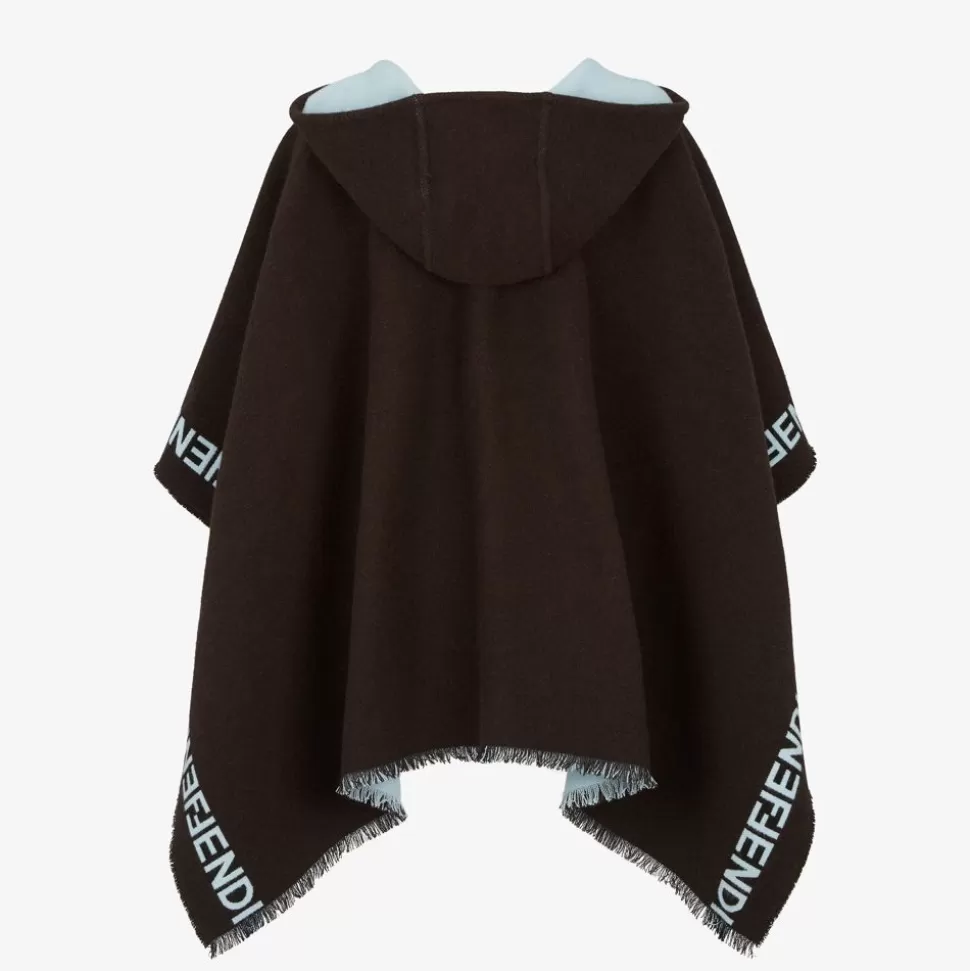 Poncho En Laine Marron Fonce Et Bleu Clair | Fendi New