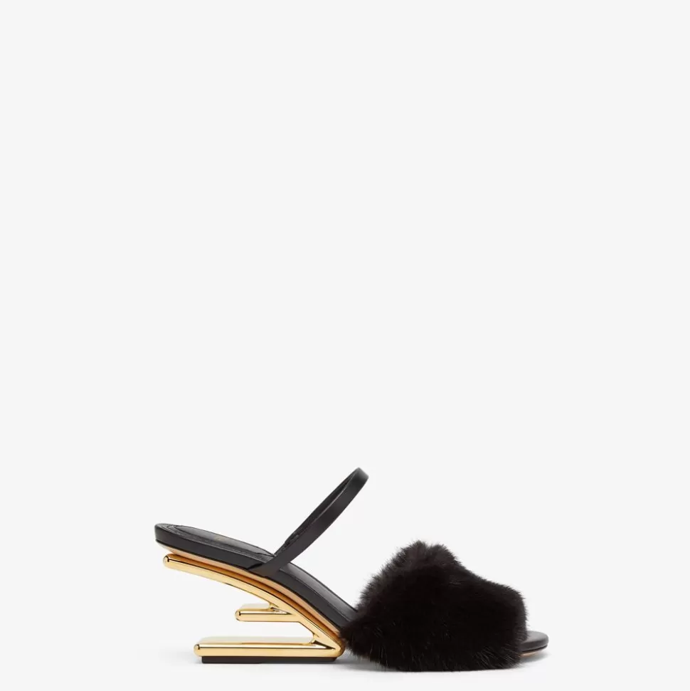 Sandales A Talon Moyen En Vison Noir | Fendi Hot