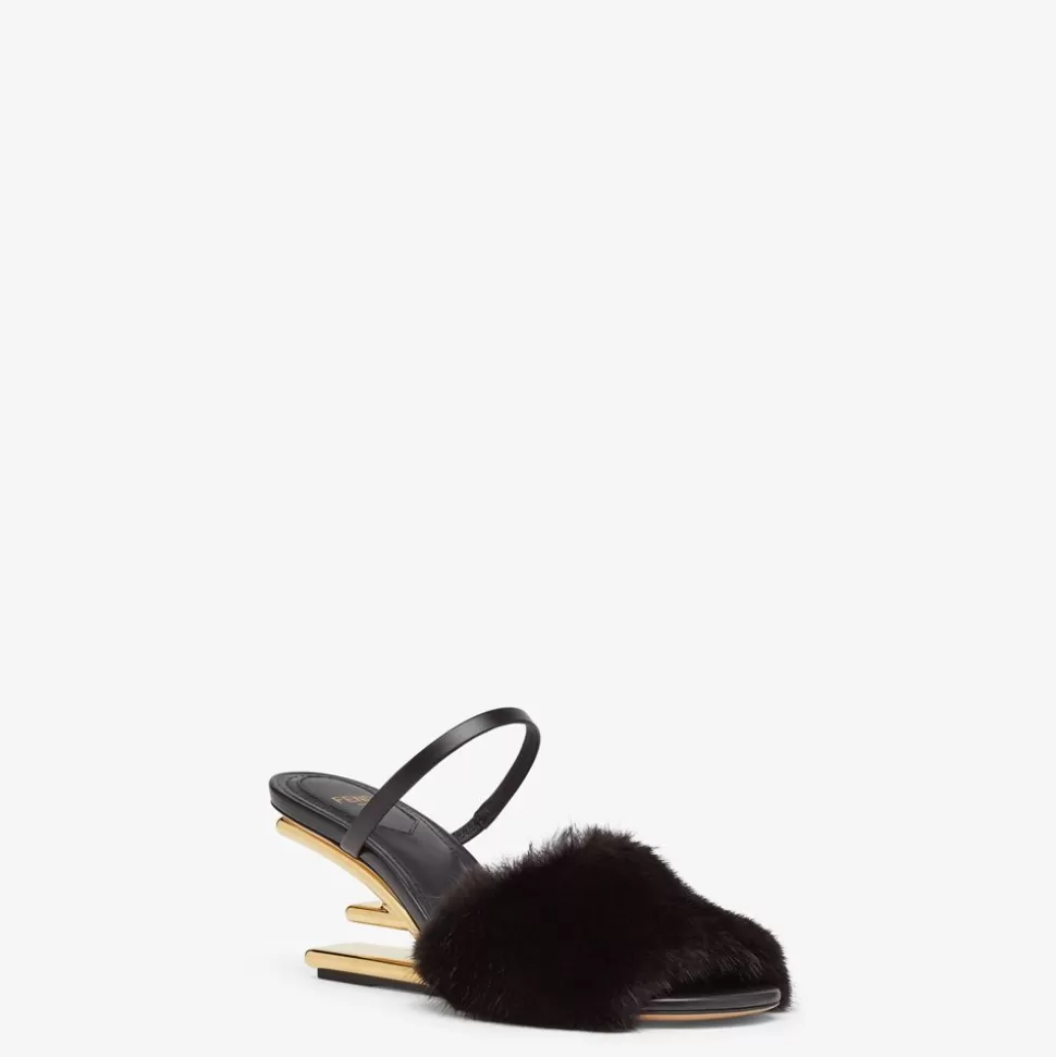 Sandales A Talon Moyen En Vison Noir | Fendi Hot