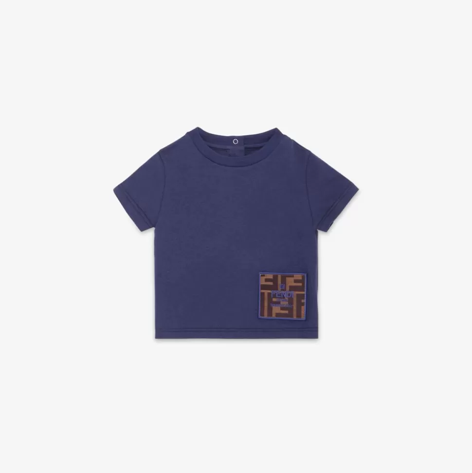 T-Shirt Bebe En Jersey Bleu Avec Ecusson | Fendi Cheap