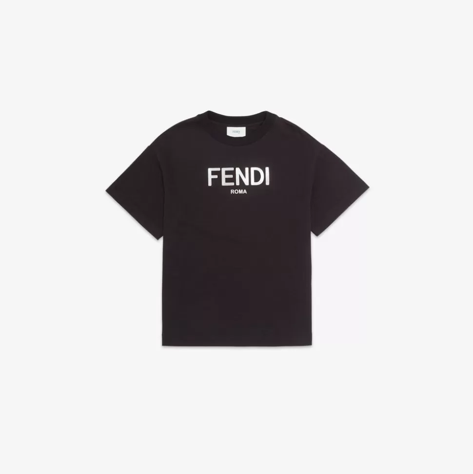 T-Shirt Enfant En Jersey Noir Avec Imprime Argente | Fendi Cheap